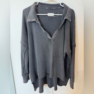 We The Free Charcoal Waffle-Knit Polo V-Neck Sweater